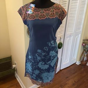 Desigual Blue Floral Short Sleeve Dress NWT - 38